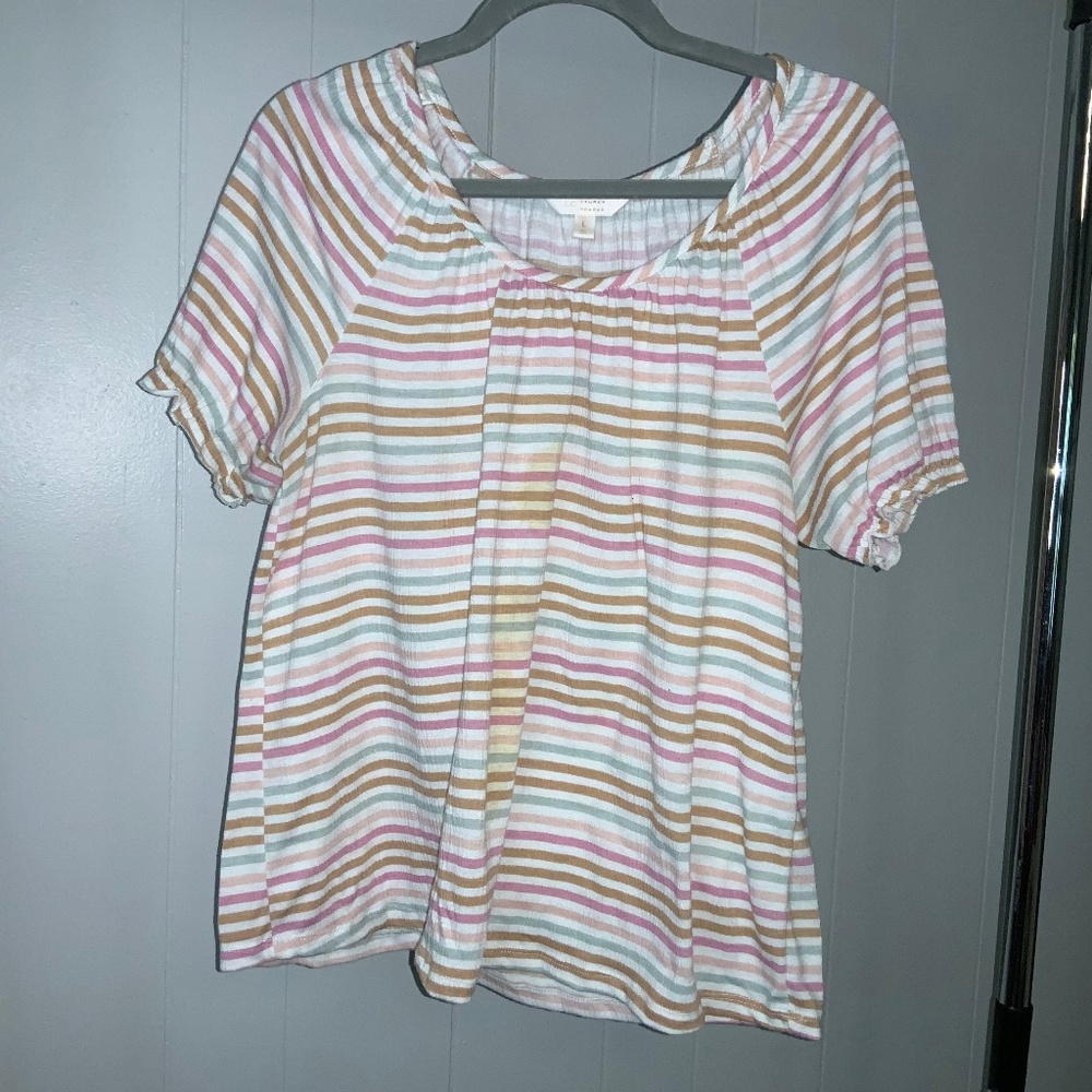 LC Lauren Conrad striped knit shirt Sz L round neckline gathers short sleeve